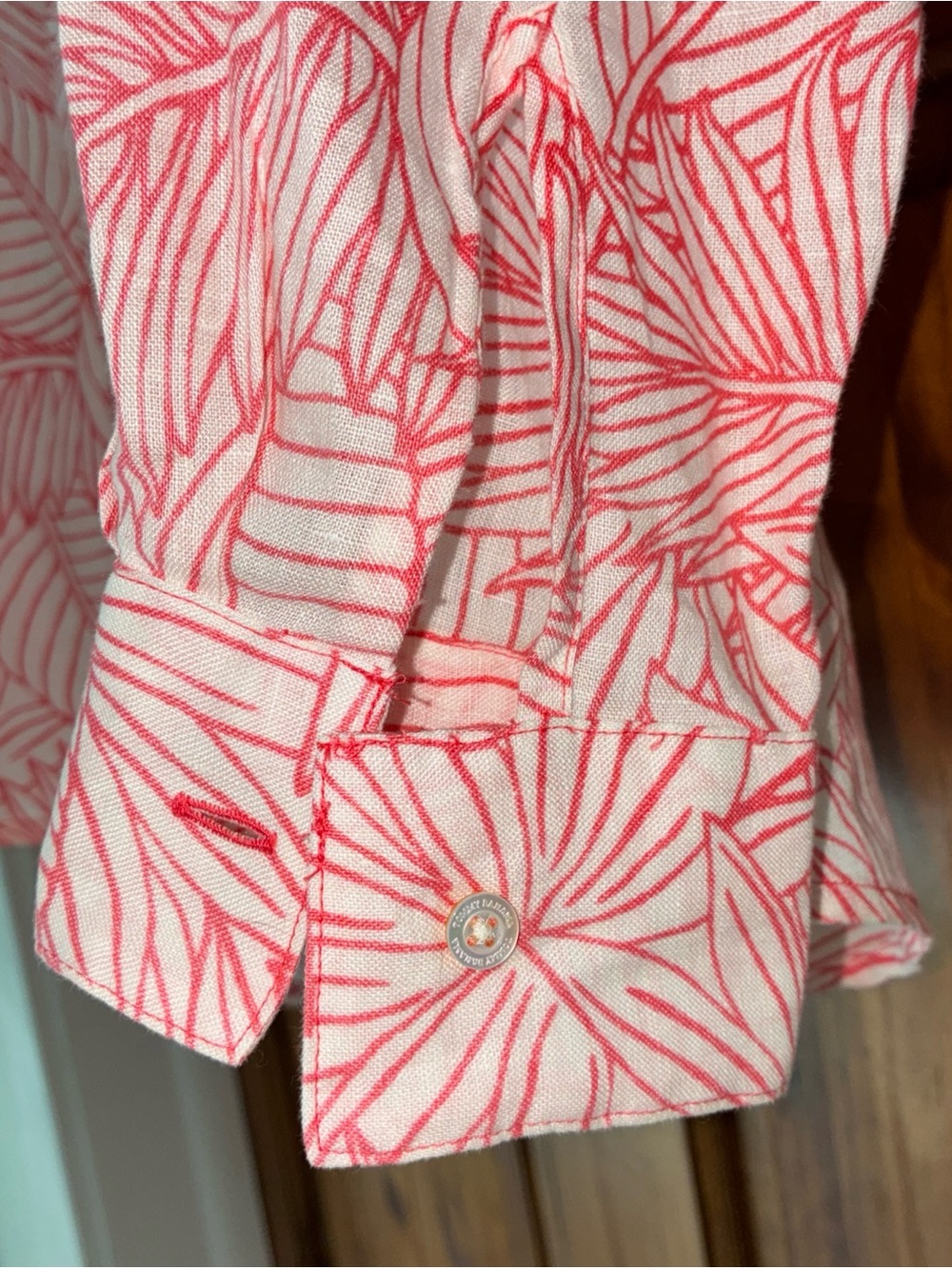 Tommy Bahama Coral and White Leaf-Print Split-Neck Blouse - Picture 5 of 6